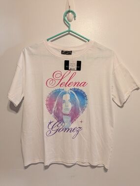 Selena Gomez White Tee with Pink and Blue Graphic